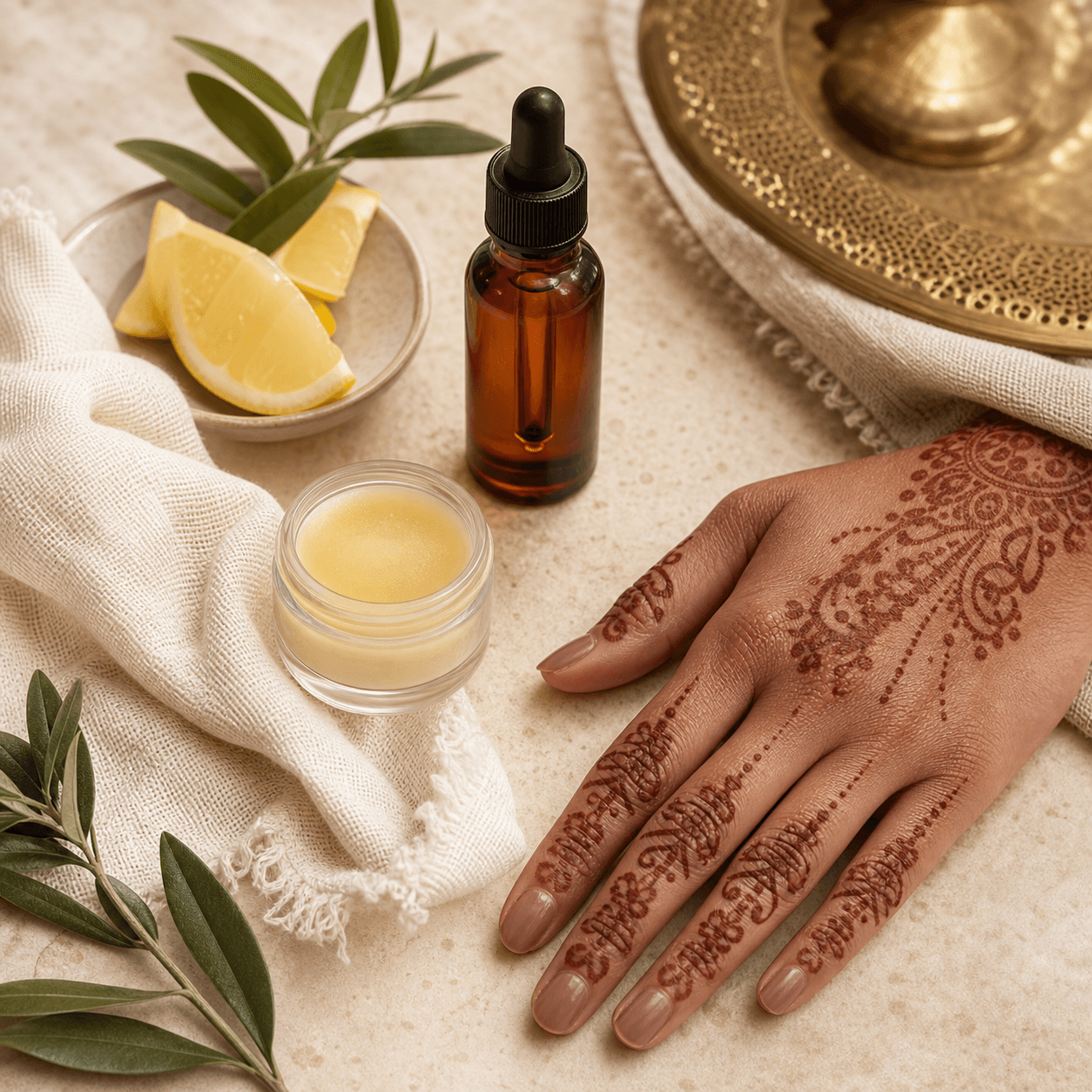 Gentle body-art aftercare products beside a mature henna stain