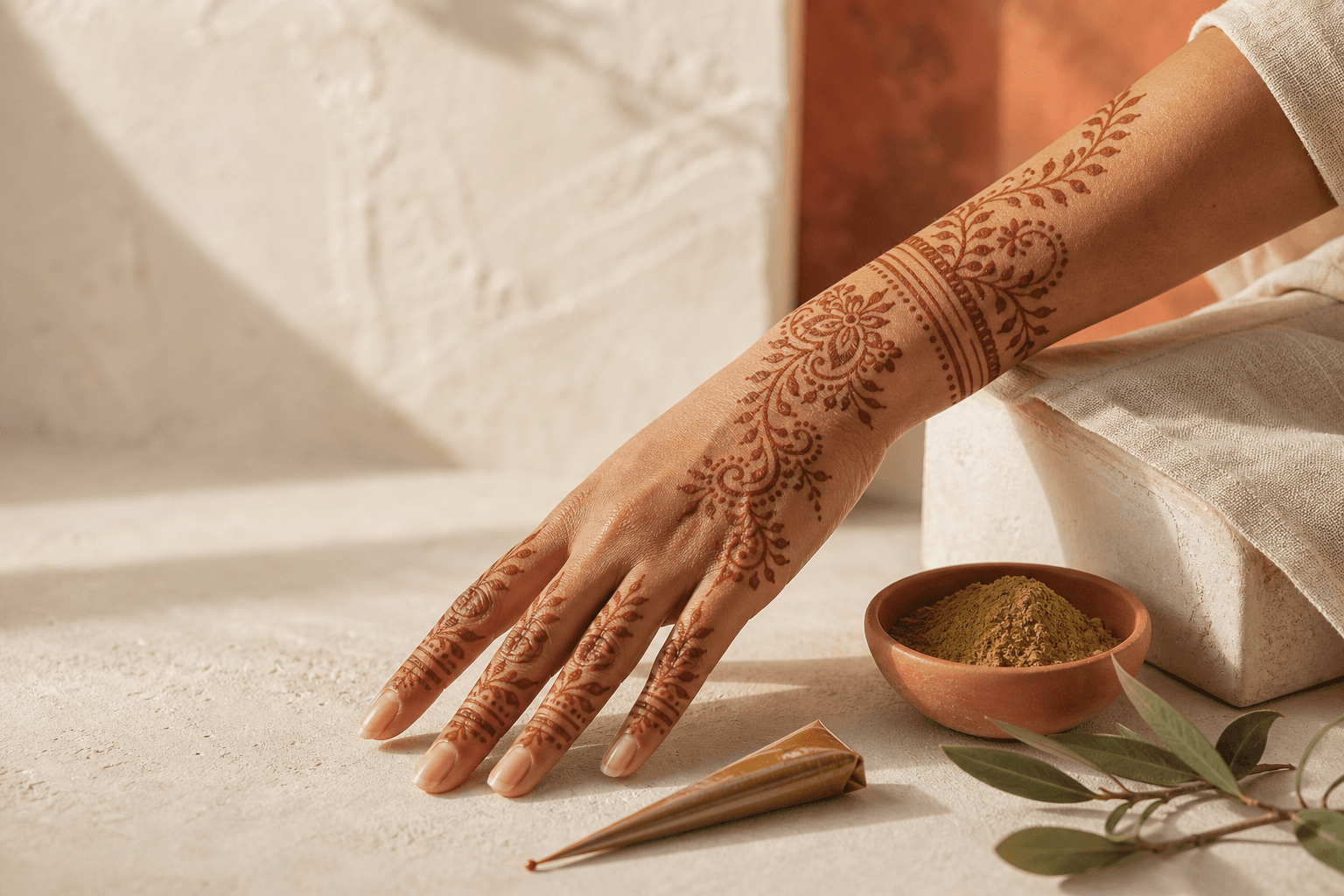 Natural henna paste beside a developed reddish-brown stain