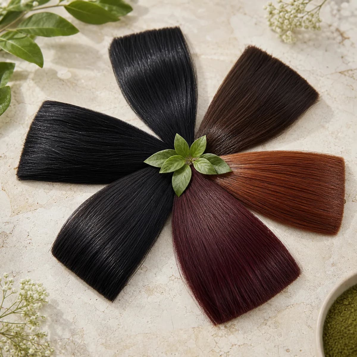 Botanical hair-color swatches arranged from copper to deep brown