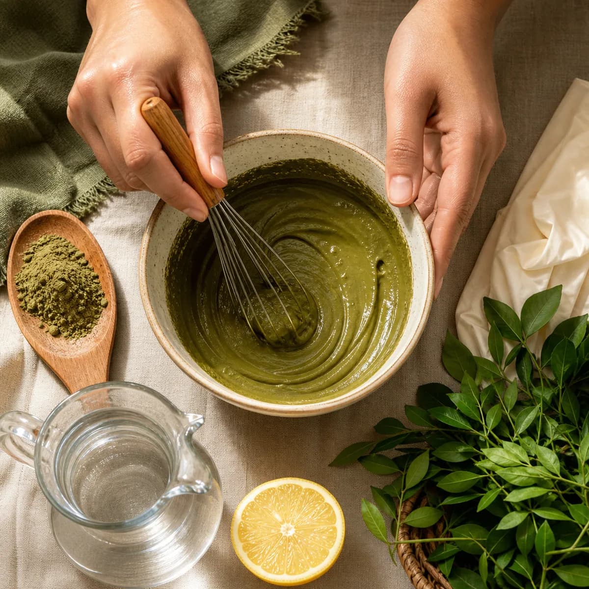 Henna powder being mixed into a smooth hair-color paste