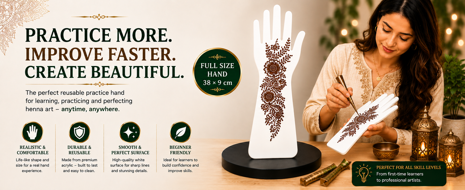 Acrylic Henna Practice Hand (White) brand banner