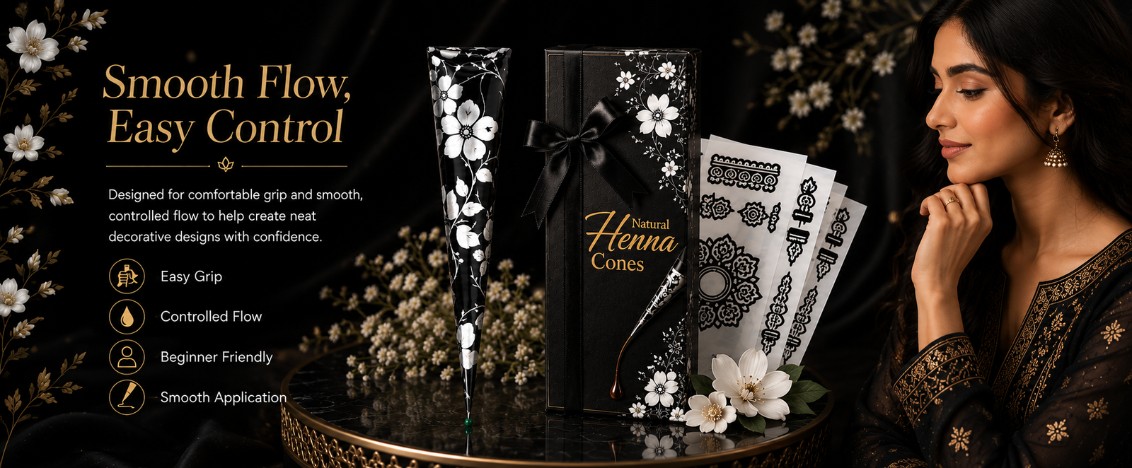 Black Floral Ready-to-Use Mehndi Henna Cones Pack of 3 brand banner