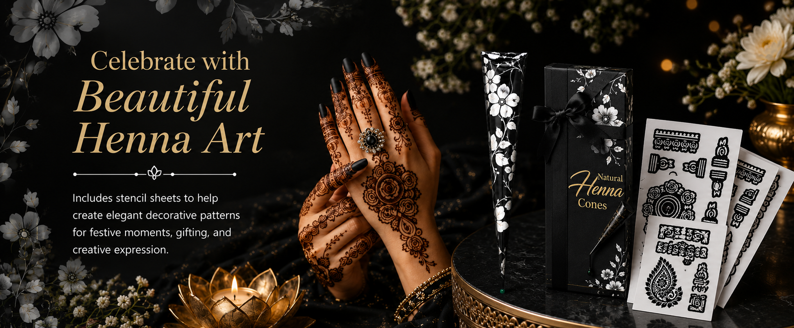 Black Floral Ready-to-Use Mehndi Henna Cones Pack of 3 brand banner
