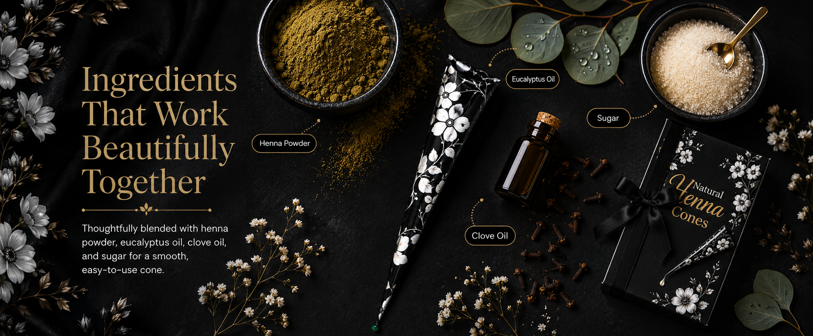Black Floral Ready-to-Use Mehndi Henna Cones brand banner