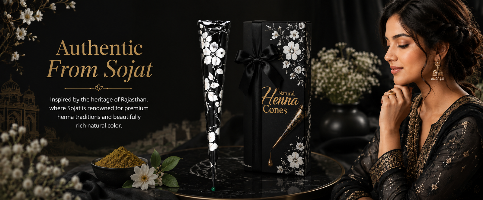 Black Floral Ready-to-Use Mehndi Henna Cones, Pack of 6 brand banner