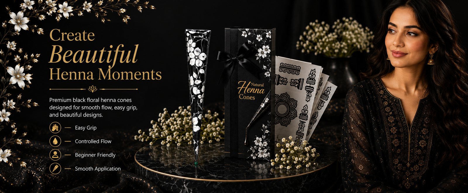Black Floral Ready-to-Use Mehndi Henna Cones, Pack of 6 brand banner