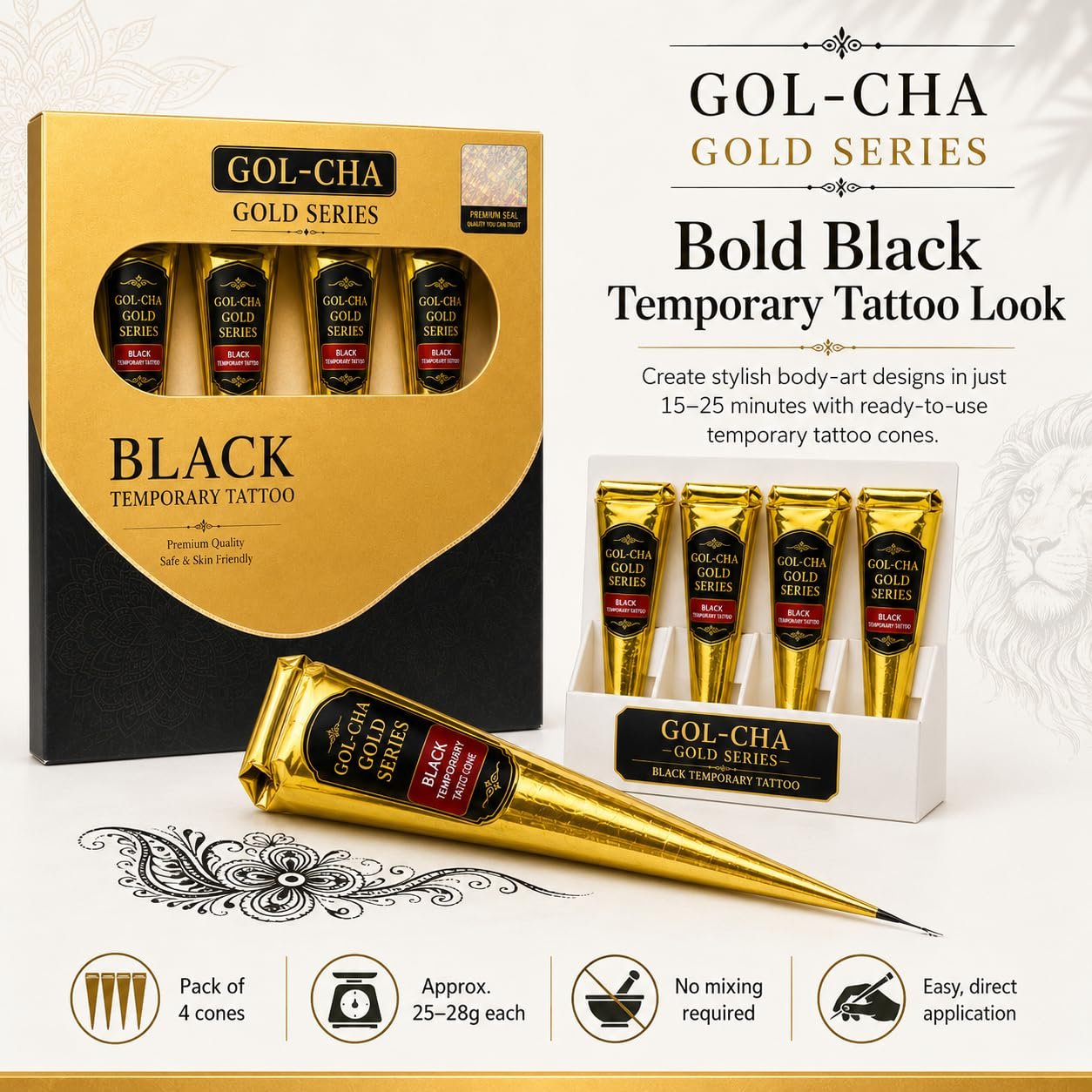 Gold Series Black Temporary Tattoo Cones, Pack of 4 - photo 2