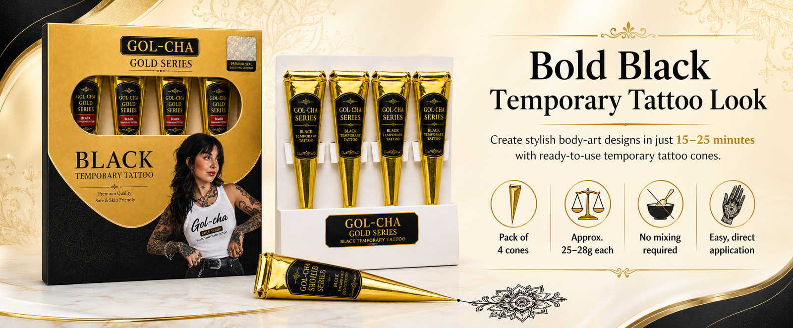 Gold Series Black Temporary Tattoo Cones, Pack of 4 brand banner