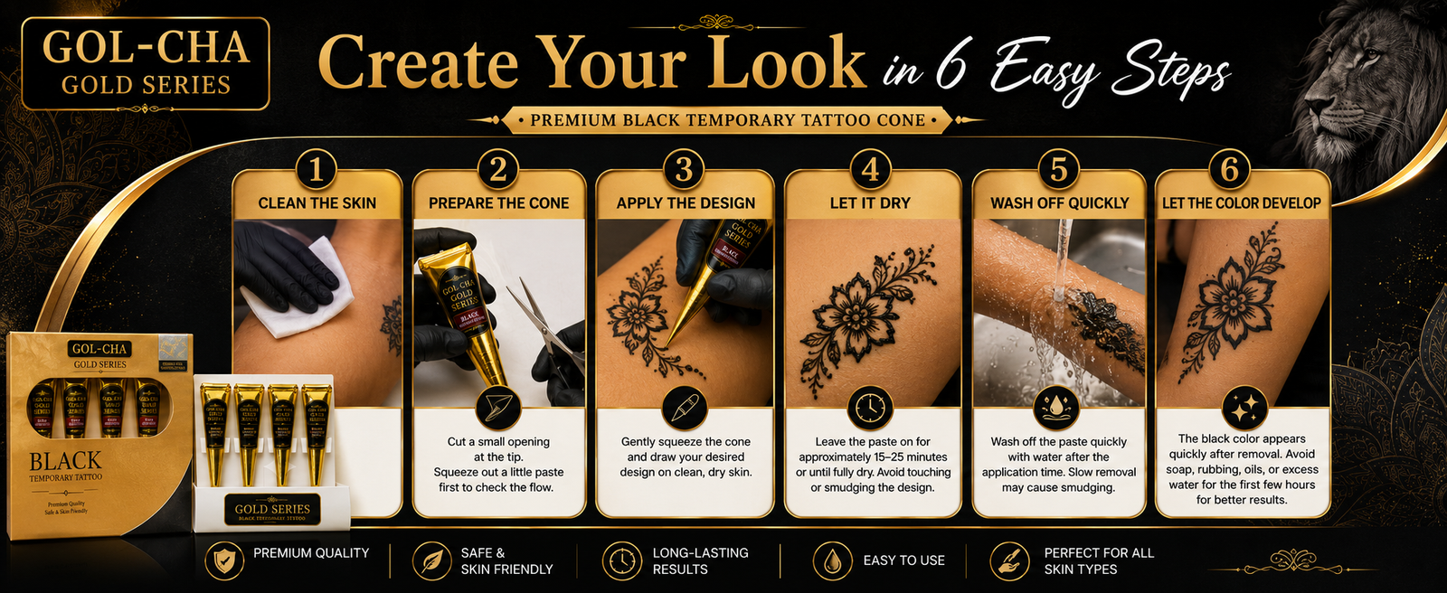 Gold Series Black Temporary Tattoo Cones, Pack of 4 brand banner