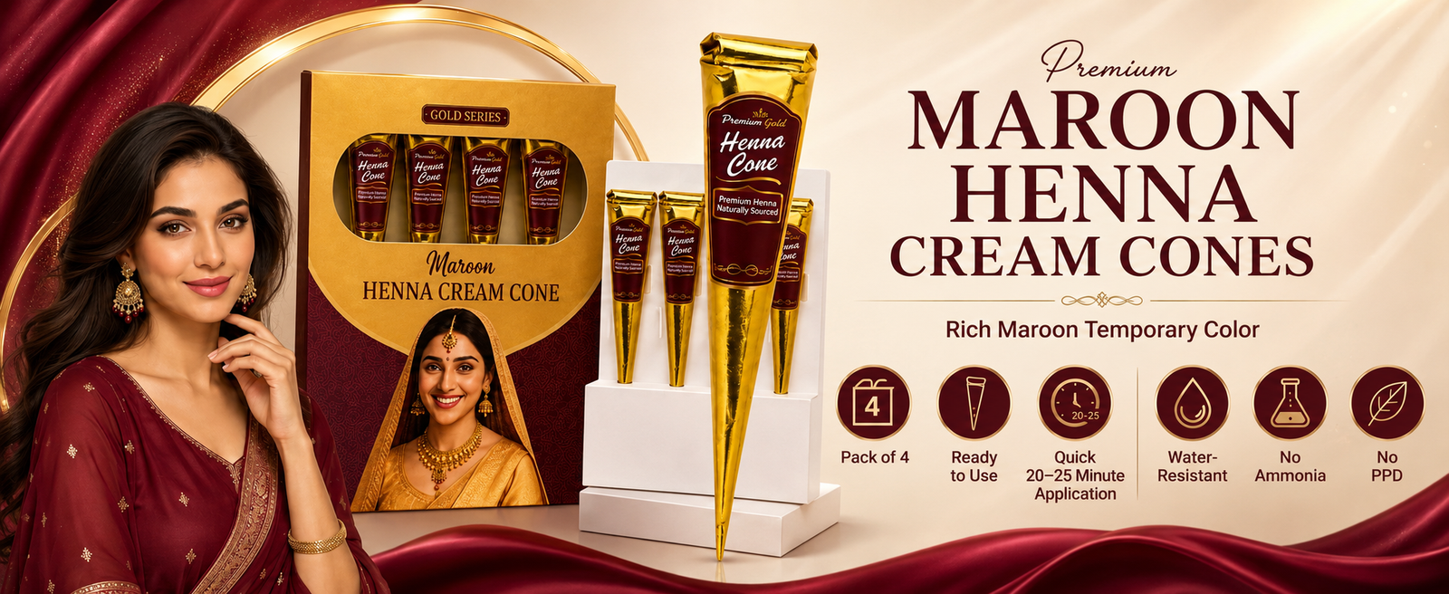 Golecha Gold Henna Cones Maroon, Pack of 4 brand banner