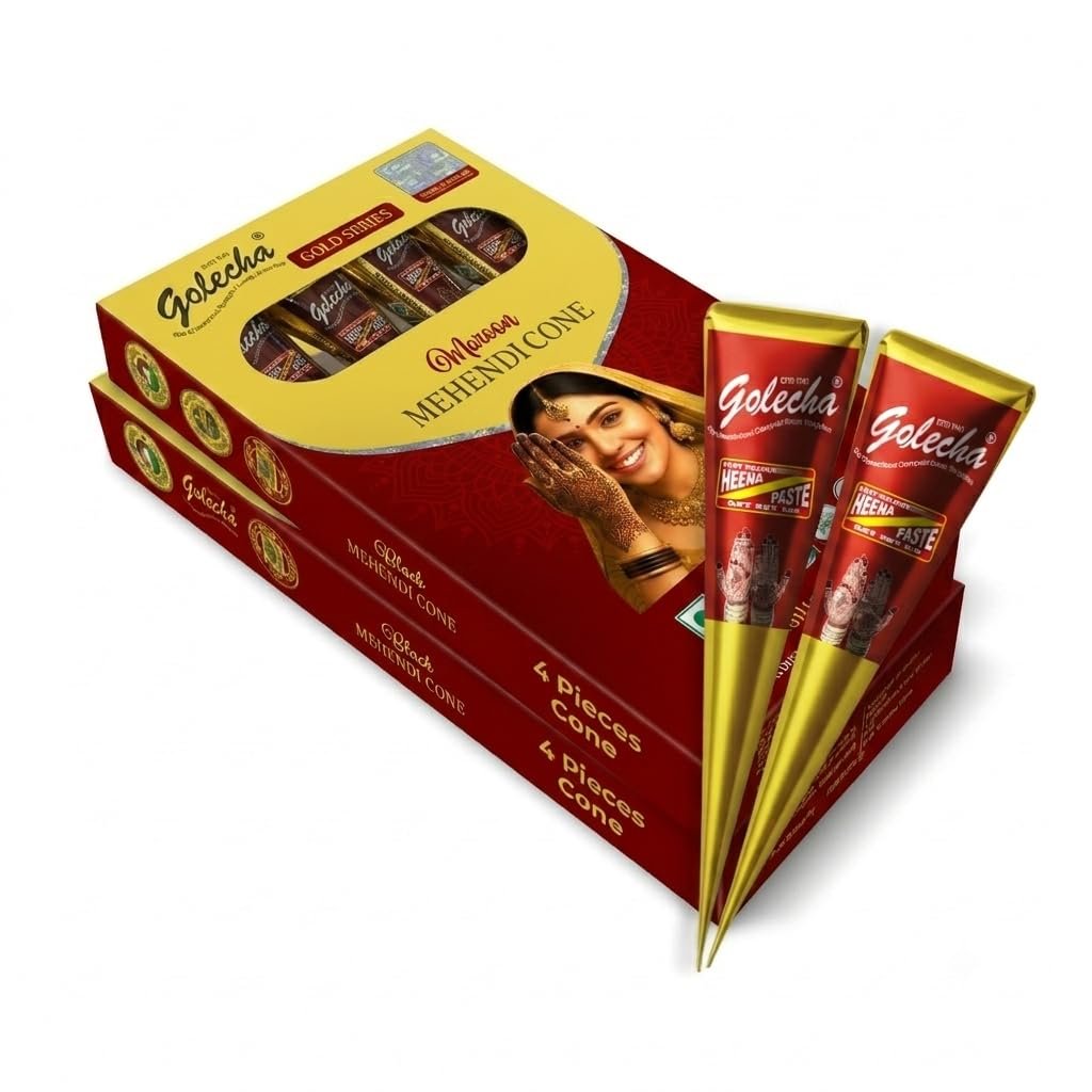 Golecha Gold Series Maroon Mehendi Cones | 4 Cones per Box | Long-Lasting, Skin-Friendly - photo 1
