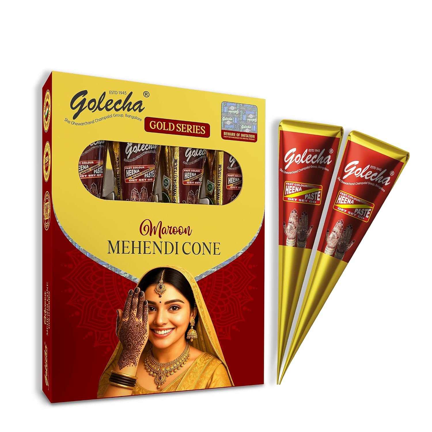 Golecha Gold Series Maroon Mehendi Cones | 4 Cones per Box | Long-Lasting, Skin-Friendly - photo 2