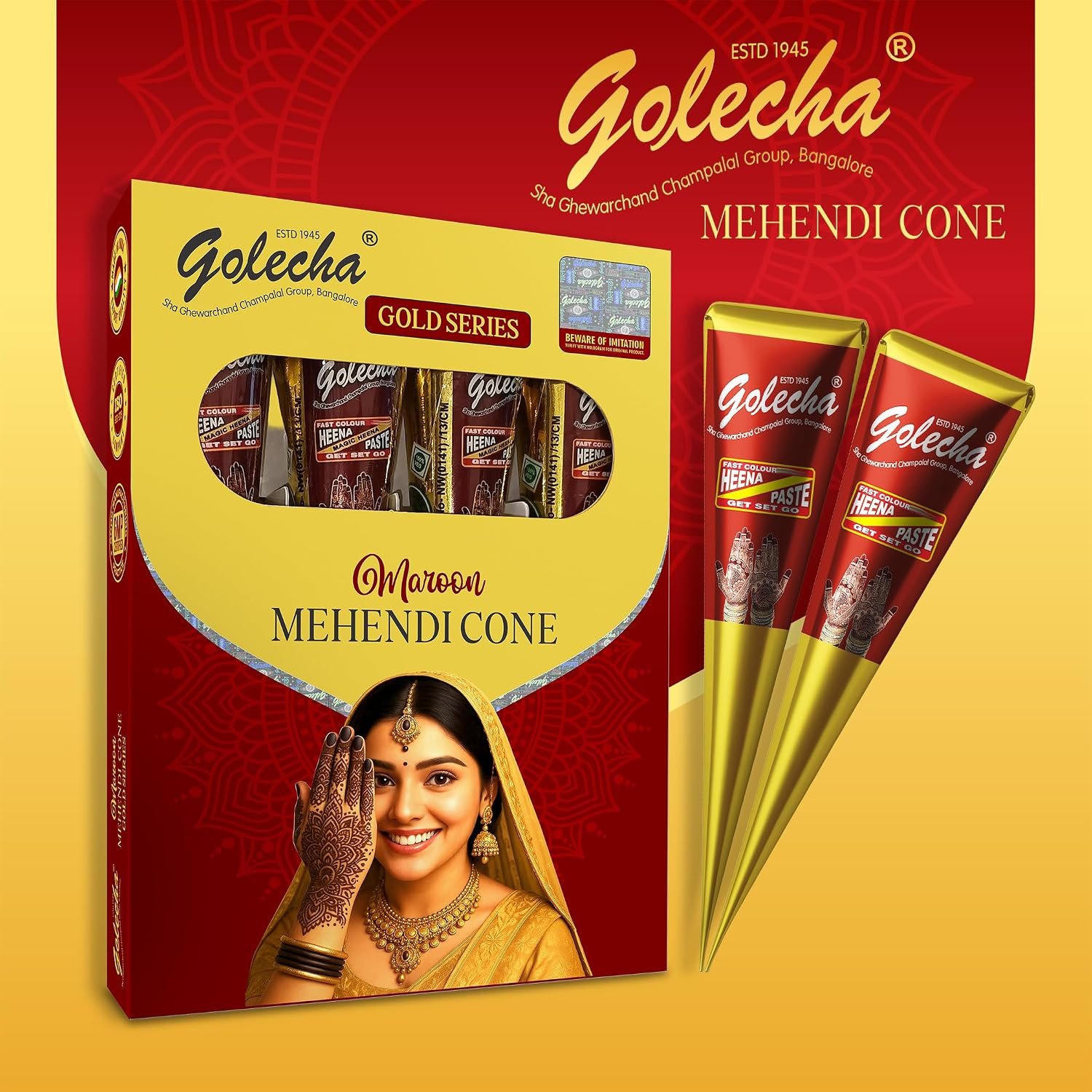 Golecha Gold Series Maroon Mehendi Cones | 4 Cones per Box | Long-Lasting, Skin-Friendly - photo 3