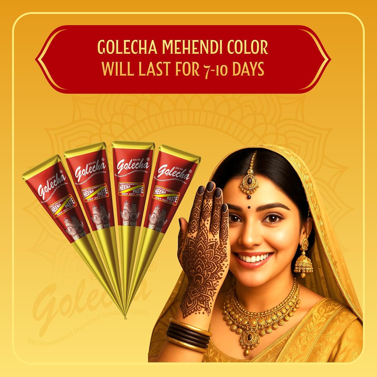 Golecha Gold Series Maroon Mehendi Cones | 4 Cones per Box | Long-Lasting, Skin-Friendly - photo 4