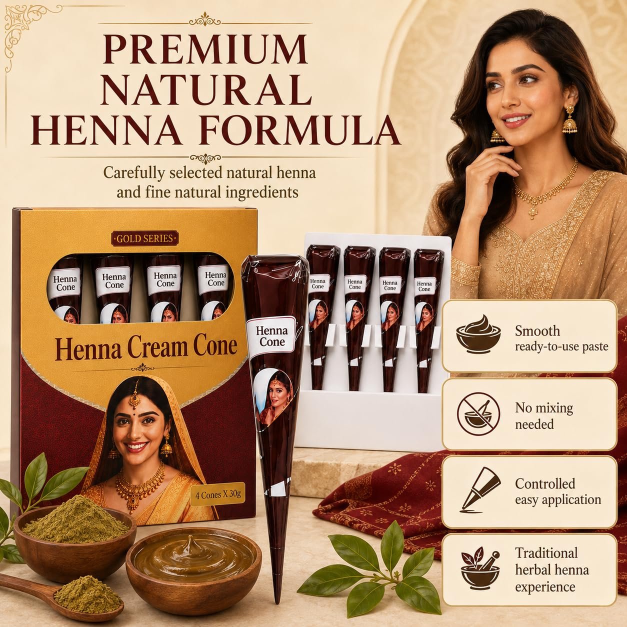 Golecha Natural Henna Cones, Pack of 4 x 30g - photo 3