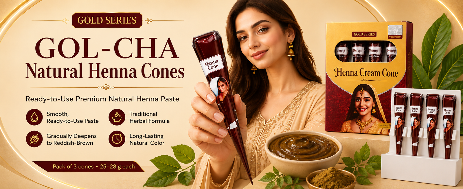Golecha Natural Henna Cones, Pack of 4 x 30g brand banner