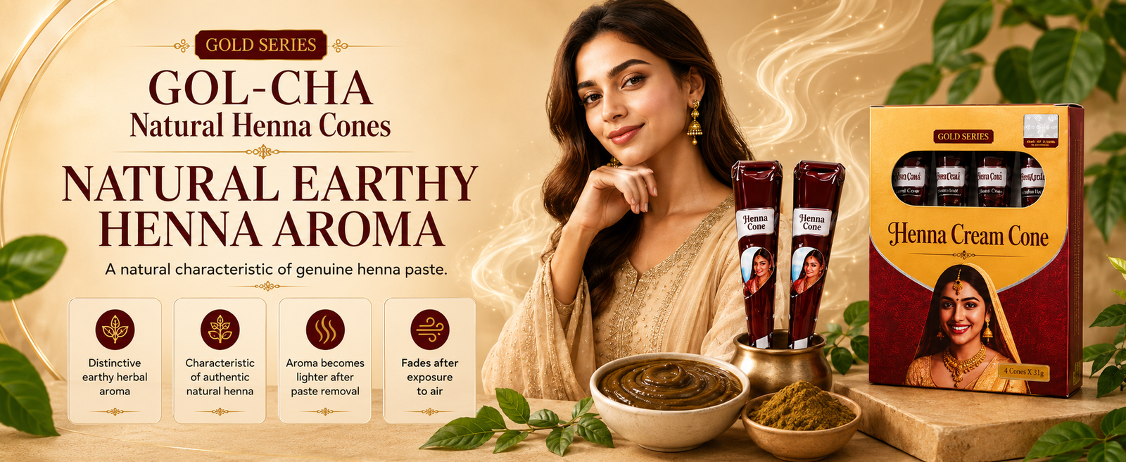 Golecha Natural Henna Cones, Pack of 4 x 30g brand banner