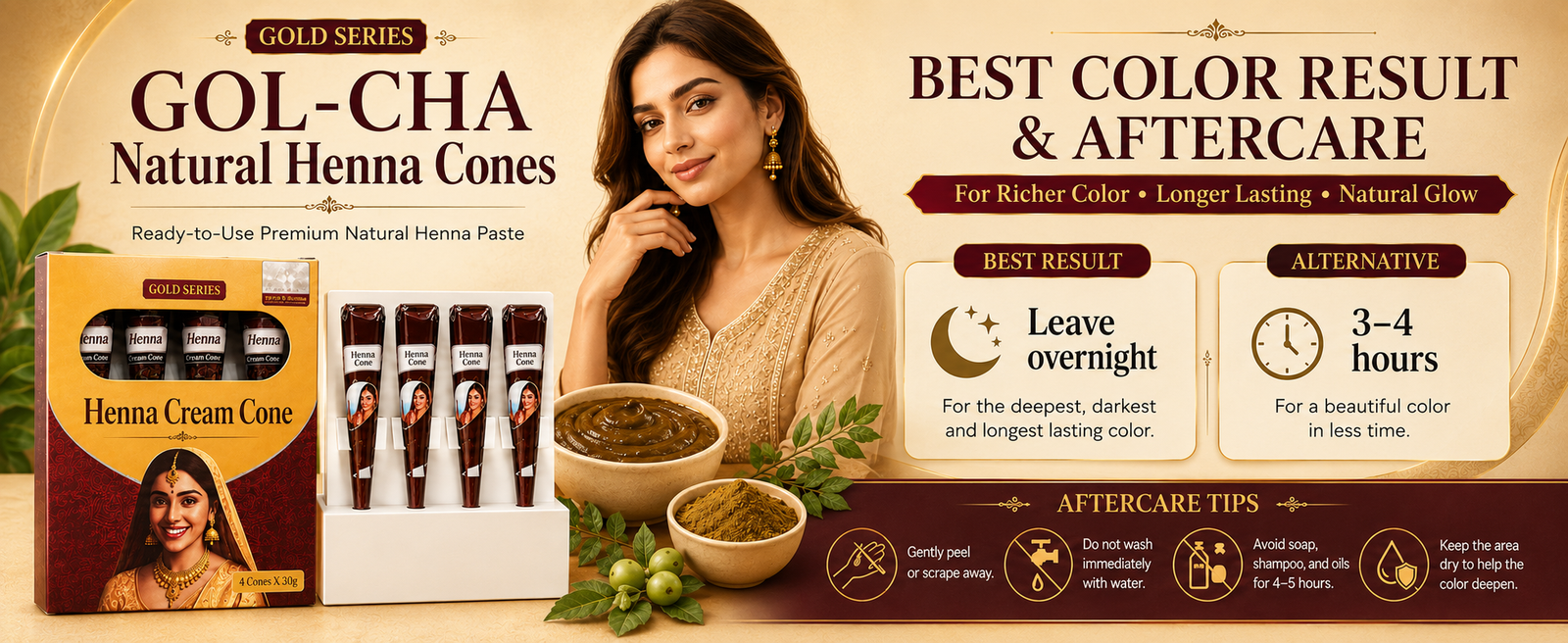 Golecha Natural Henna Cones, Pack of 4 x 30g brand banner