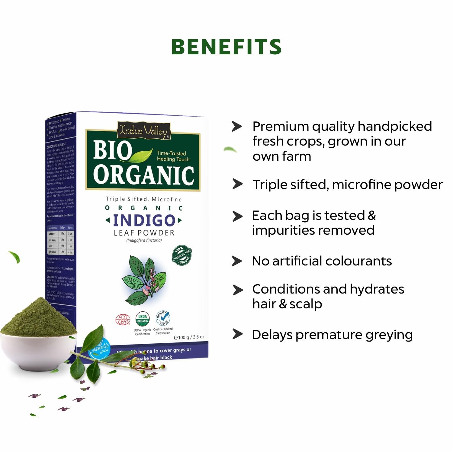 Indus Valley Bio Organic 100% Pure Indigo Powder Color for Natural Hair Dyeing - photo 2