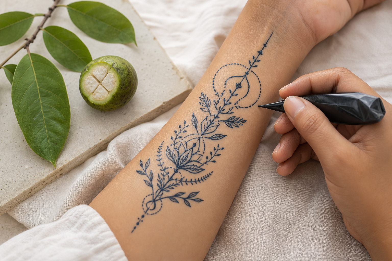 Jagua blue-black temporary body art being applied