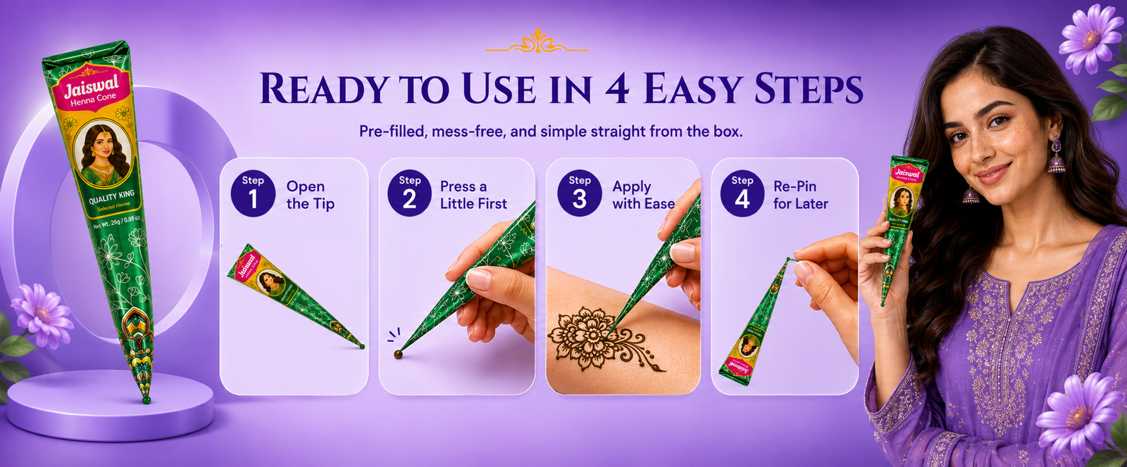 Jaiswal Ready-to-Use Mehndi Henna Cones, Pack of 6 brand banner