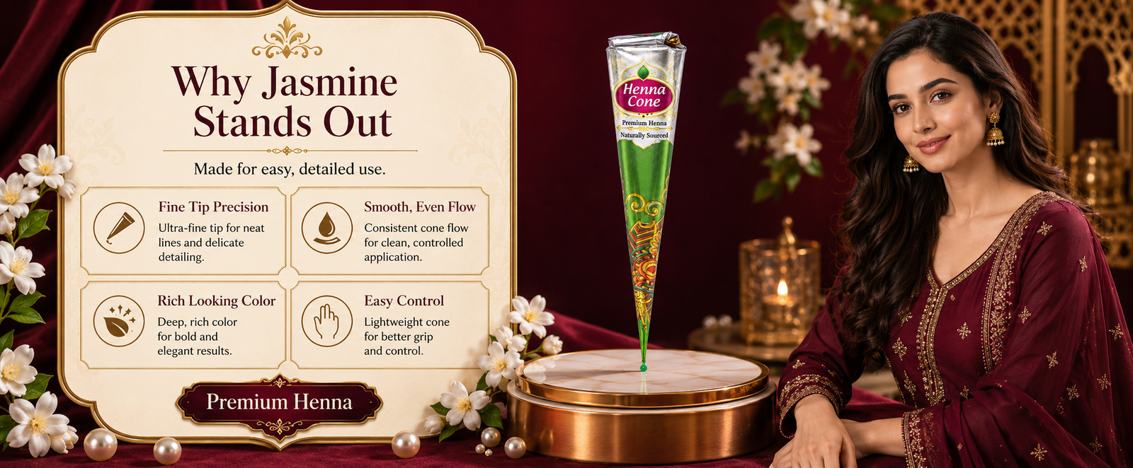 Jasmine Ready-to-Use Mehndi Henna Cones, Pack of 6 brand banner