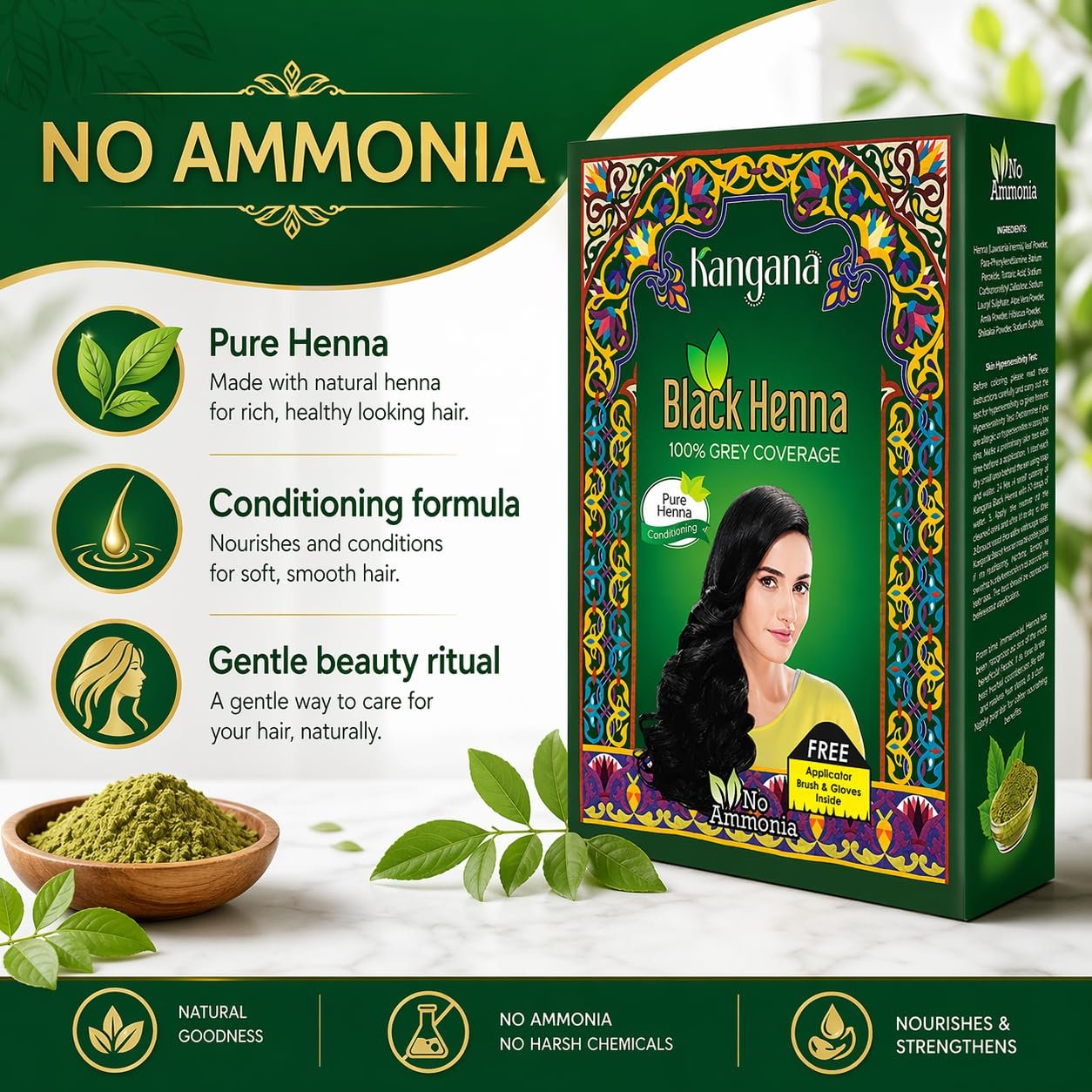 Kangana Black Henna for 100% Grey Coverage - Natural Hair Dye/Color | 6 Pouches - photo 2