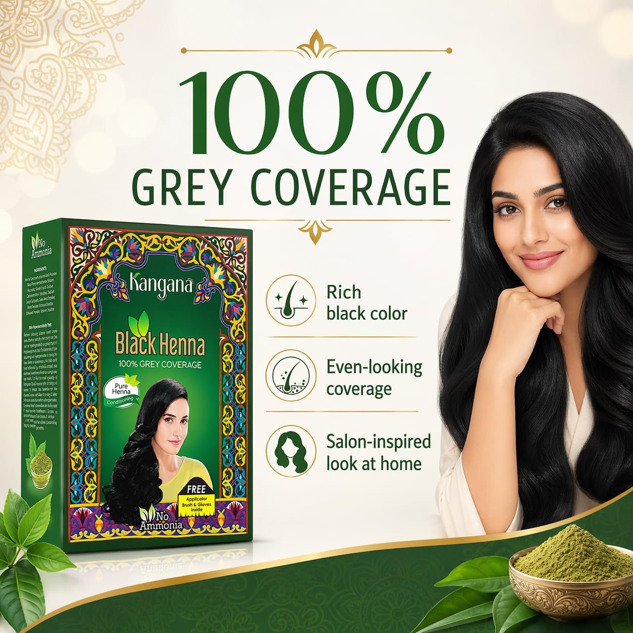 Kangana Black Henna for 100% Grey Coverage - Natural Hair Dye/Color | 6 Pouches - photo 3