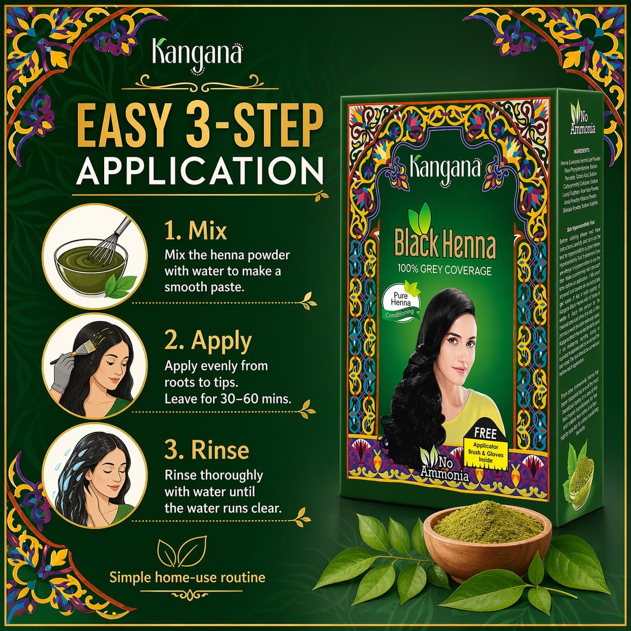 Kangana Black Henna for 100% Grey Coverage - Natural Hair Dye/Color | 6 Pouches - photo 6