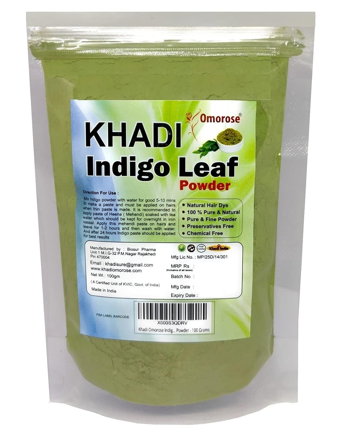 KHADI Omorose Indigo Leaf Powder For Hair (100 Grams) (Pack of 1) Pure - photo 1