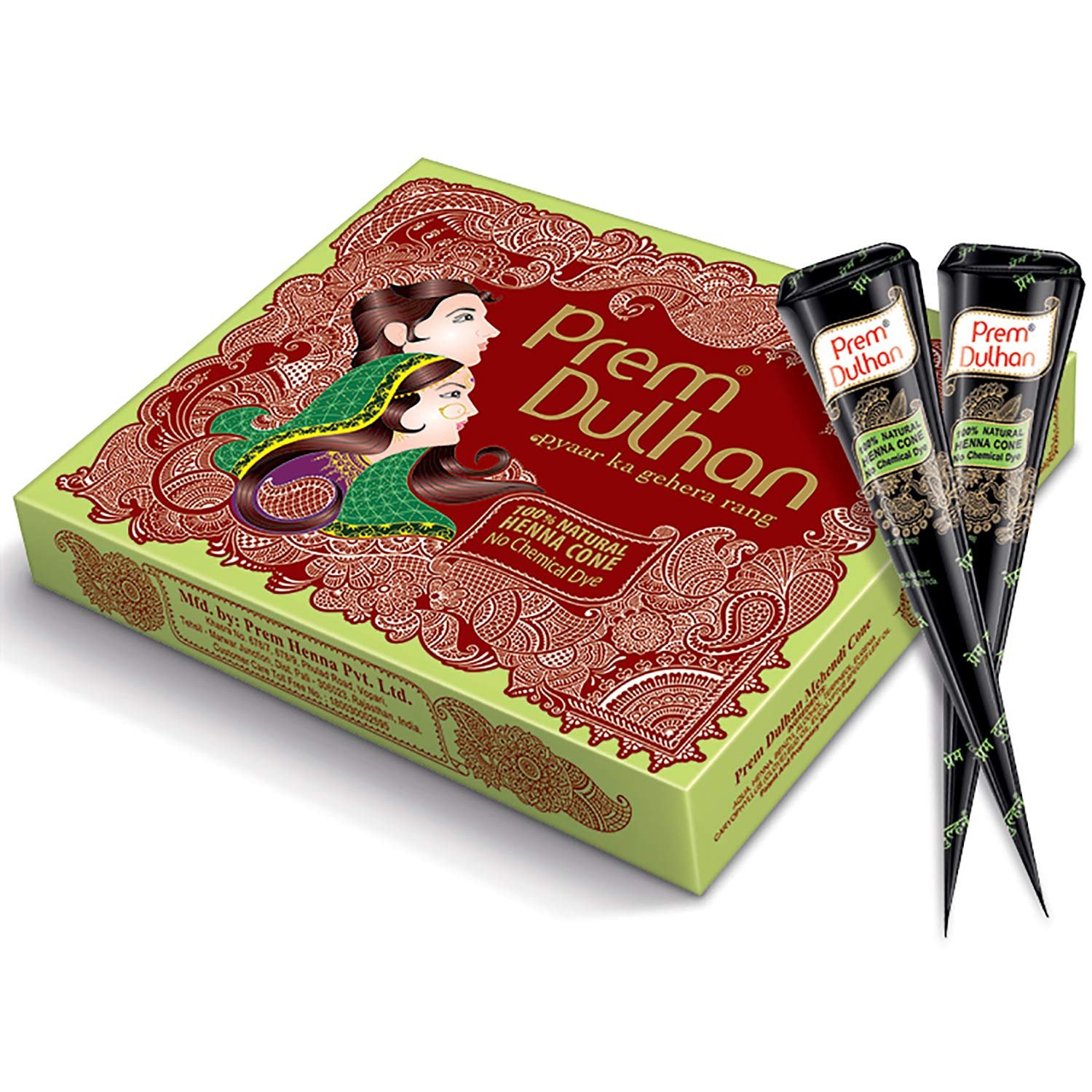 Prem Dulhan Natural Henna Based Mehendi Cones 1 Box Pack of 12 Cones - photo 1
