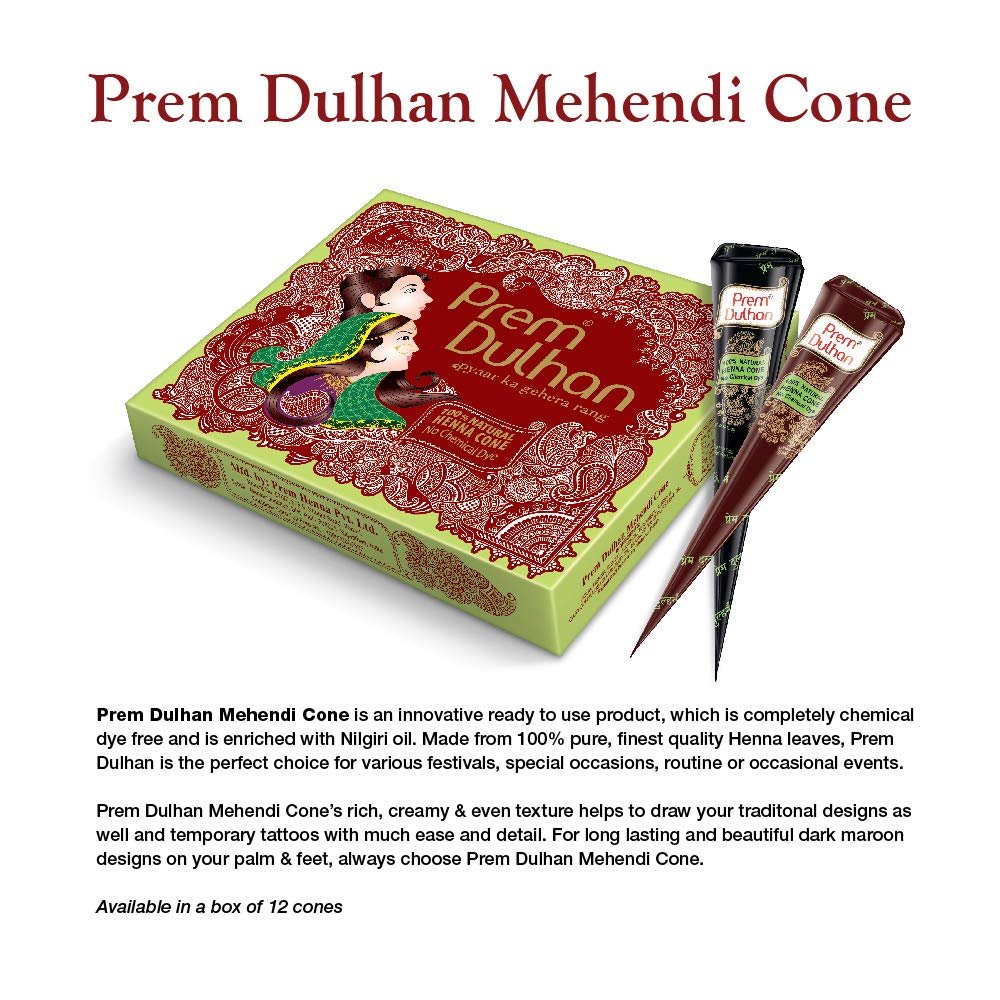 Prem Dulhan Natural Henna Based Mehendi Cones 1 Box Pack of 12 Cones - photo 4