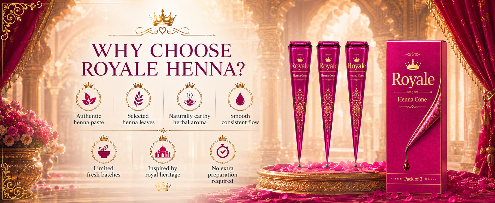 Royal Ready-to-Use Mehndi Henna Cones, Pack of 3 brand banner