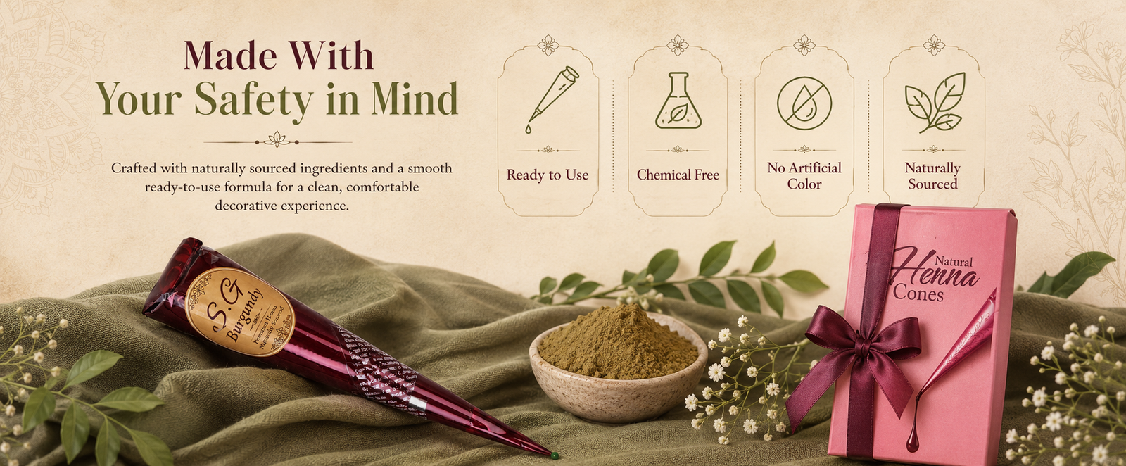 SG-Burgundy Ready-to-Use Mehndi Henna Cones brand banner