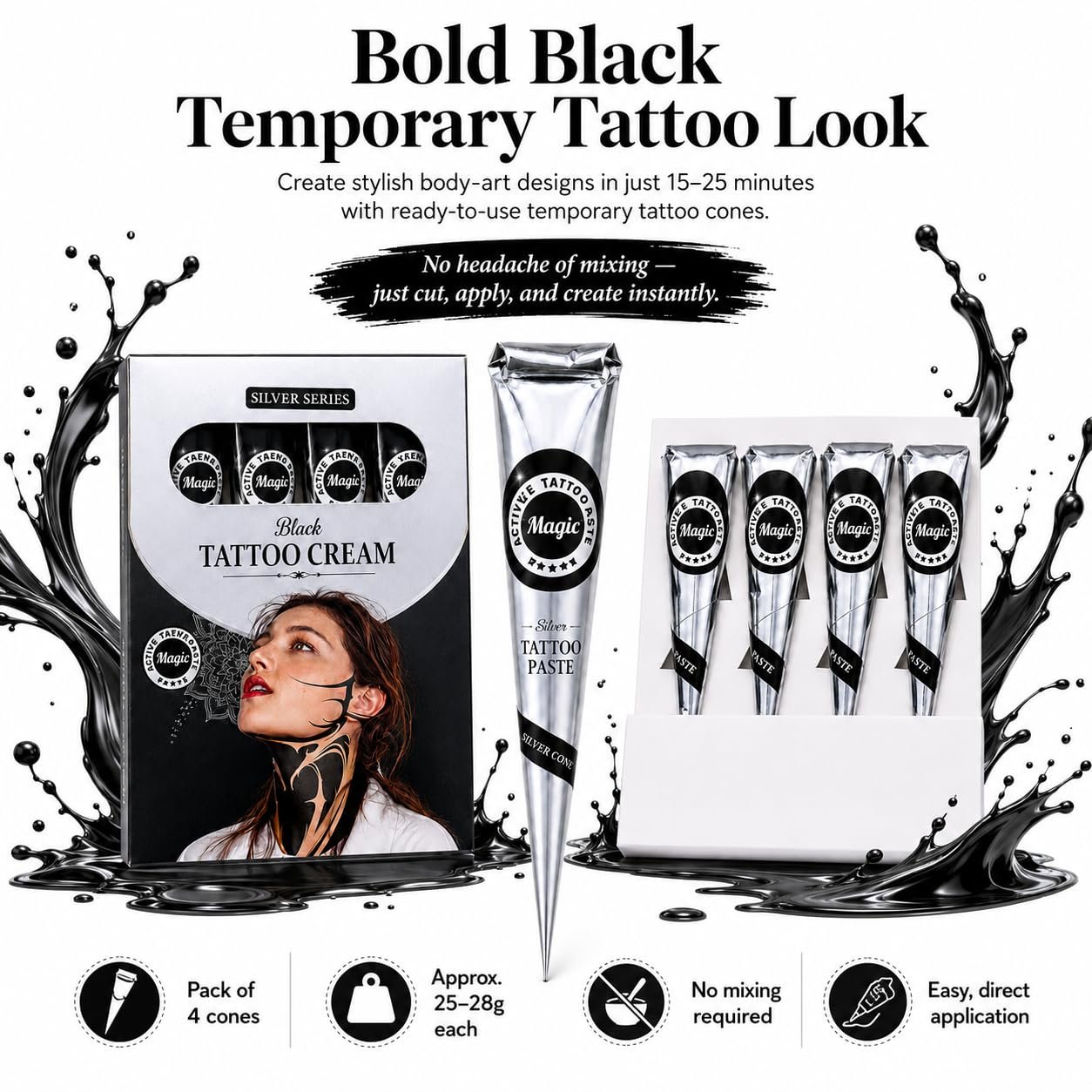 Silver Series Black Temporary Tattoo Cones, Pack of 4 - photo 3