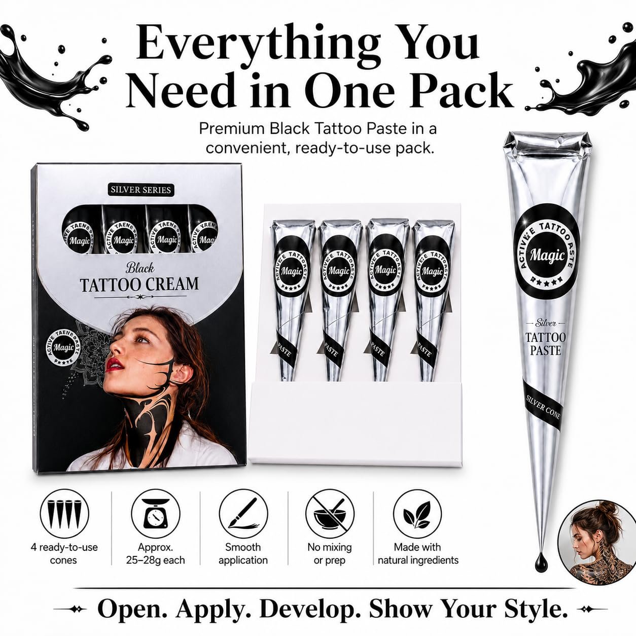 Silver Series Black Temporary Tattoo Cones, Pack of 4 - photo 6