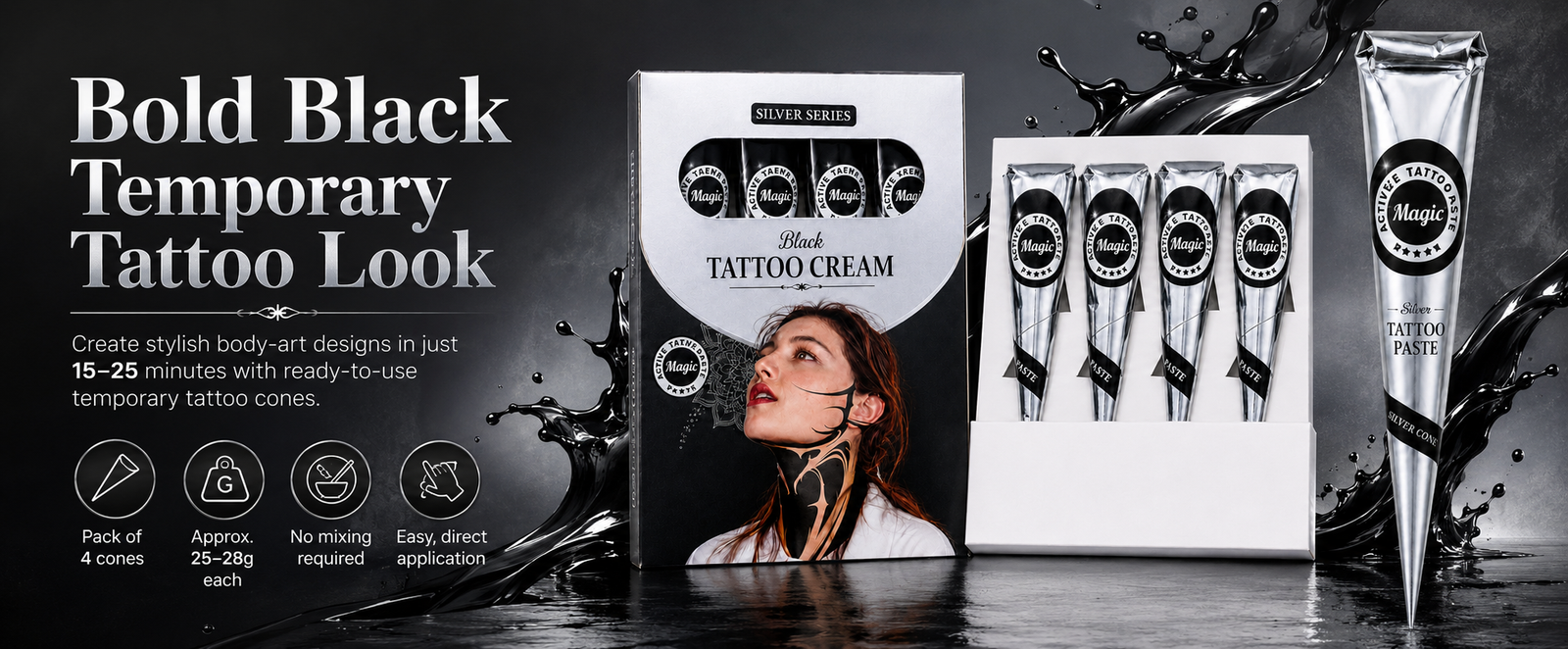 Silver Series Black Temporary Tattoo Cones, Pack of 4 brand banner