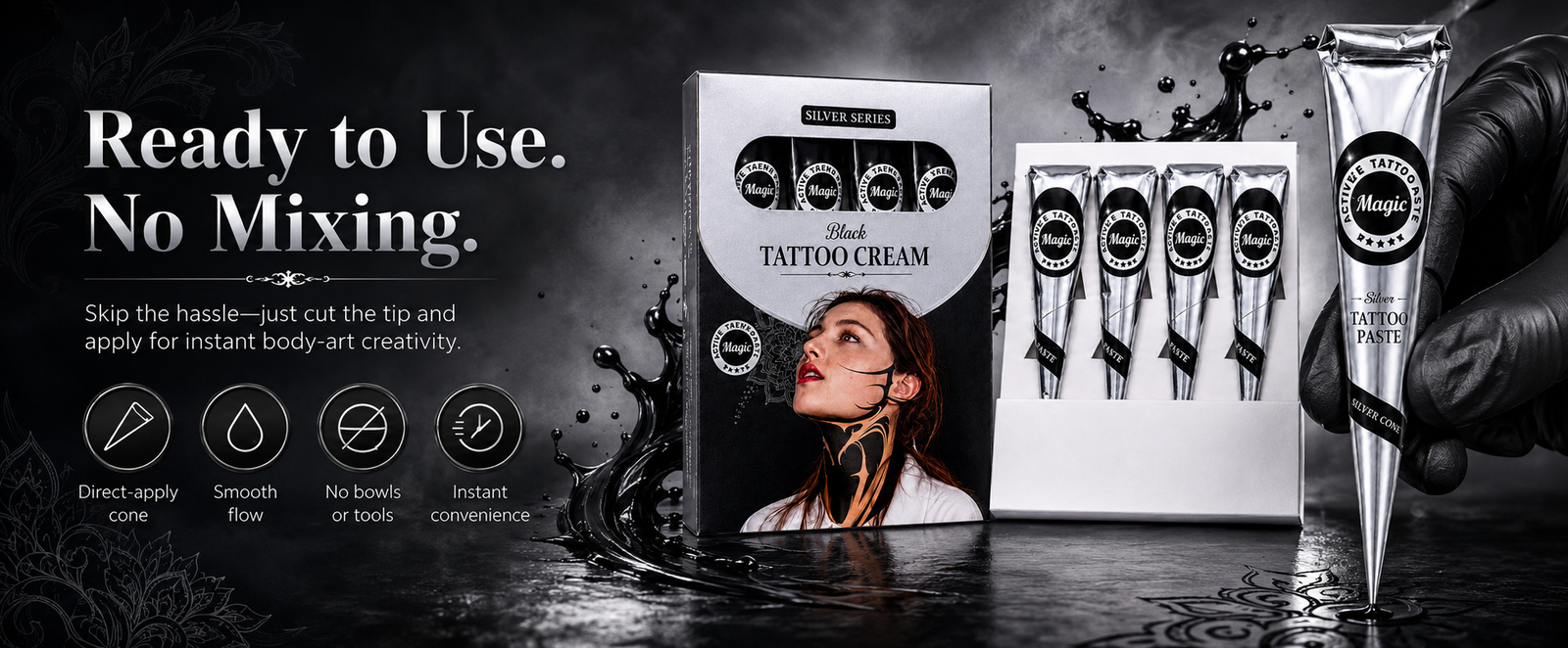 Silver Series Black Temporary Tattoo Cones, Pack of 4 brand banner