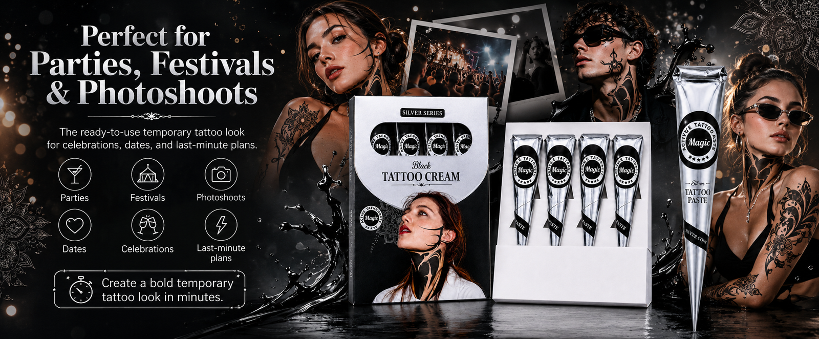 Silver Series Black Temporary Tattoo Cones, Pack of 4 brand banner