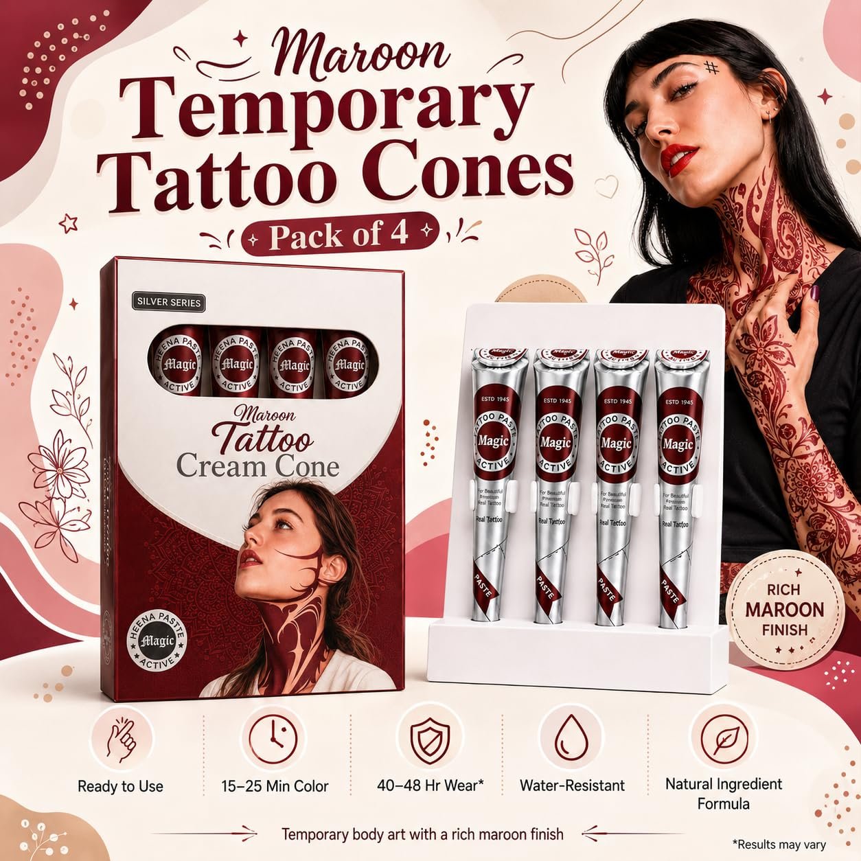 Silver Series Maroon Temporary Tattoo Cones, Pack of 4 x 28g - photo 2