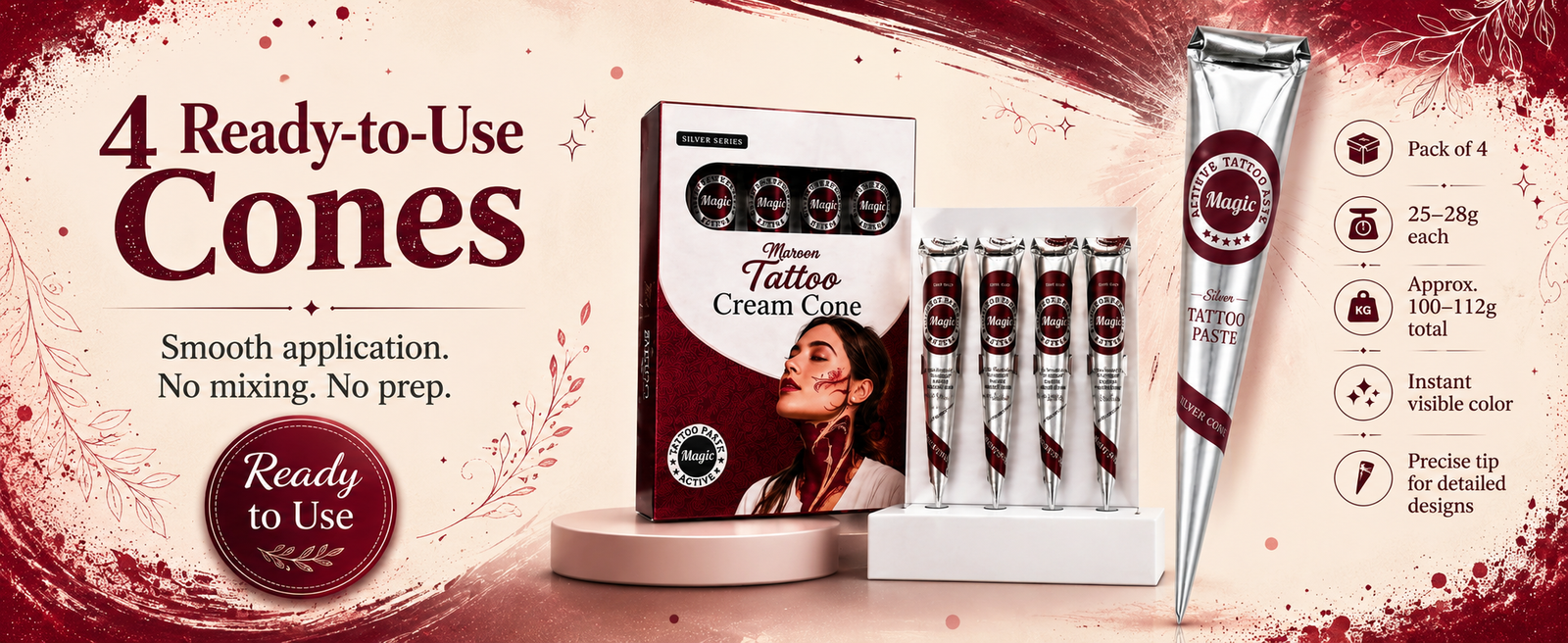 Silver Series Maroon Temporary Tattoo Cones, Pack of 4 x 28g brand banner