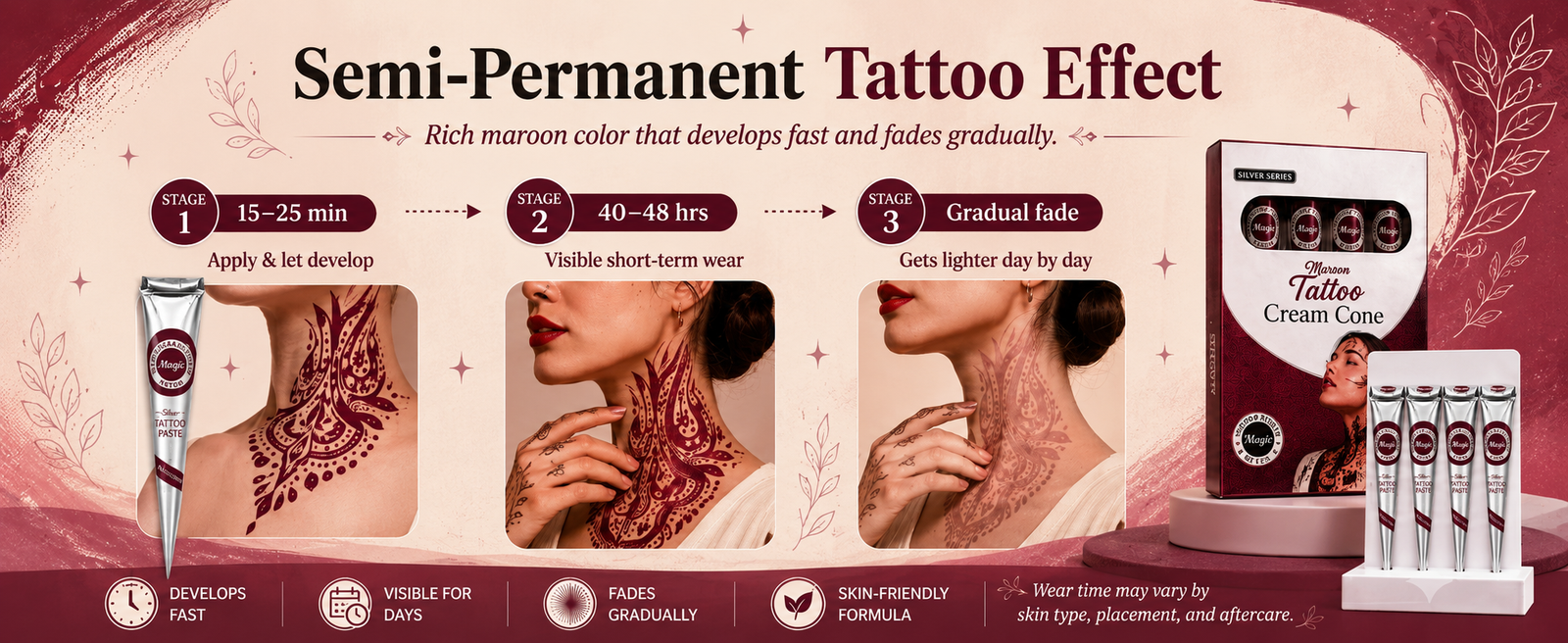 Silver Series Maroon Temporary Tattoo Cones, Pack of 4 x 28g brand banner