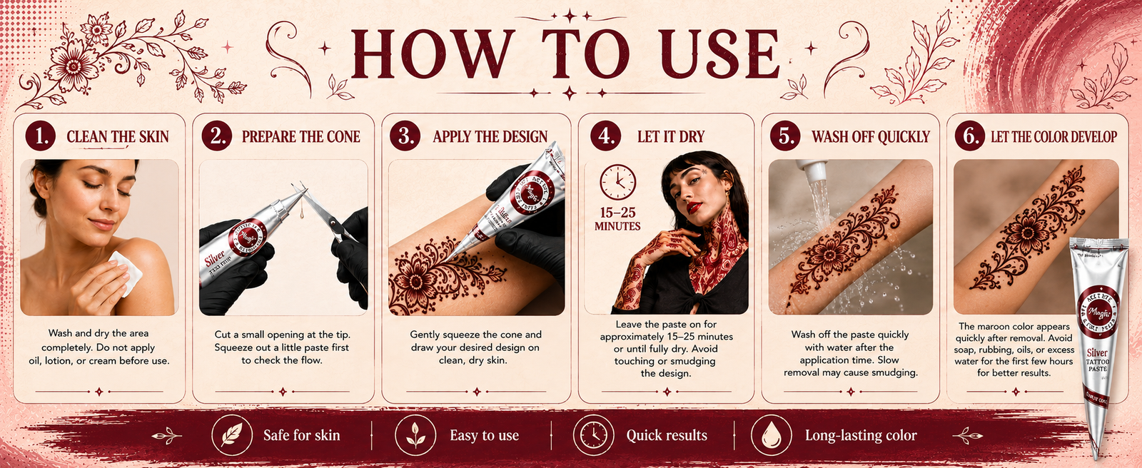 Silver Series Maroon Temporary Tattoo Cones, Pack of 4 x 28g brand banner