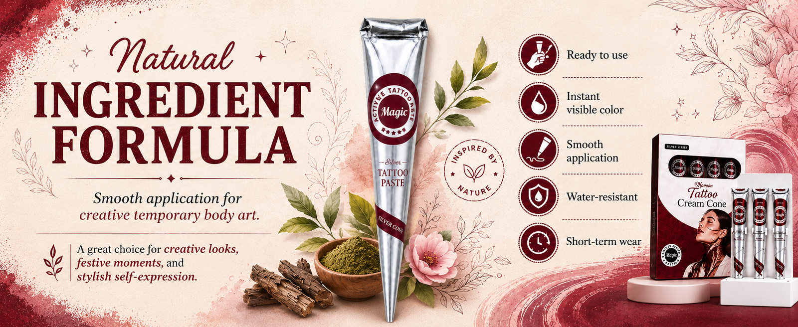 Silver Series Maroon Temporary Tattoo Cones, Pack of 4 x 28g brand banner
