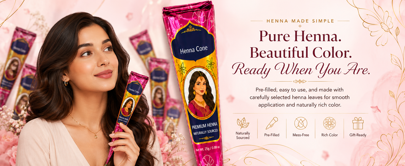 SS Pink Ready-to-Use Mehndi Henna Cones, Pack of 12 brand banner