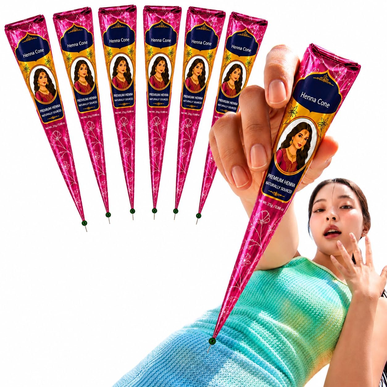SS Pink Ready-to-Use Mehndi Henna Cones, Pack of 6 - photo 1