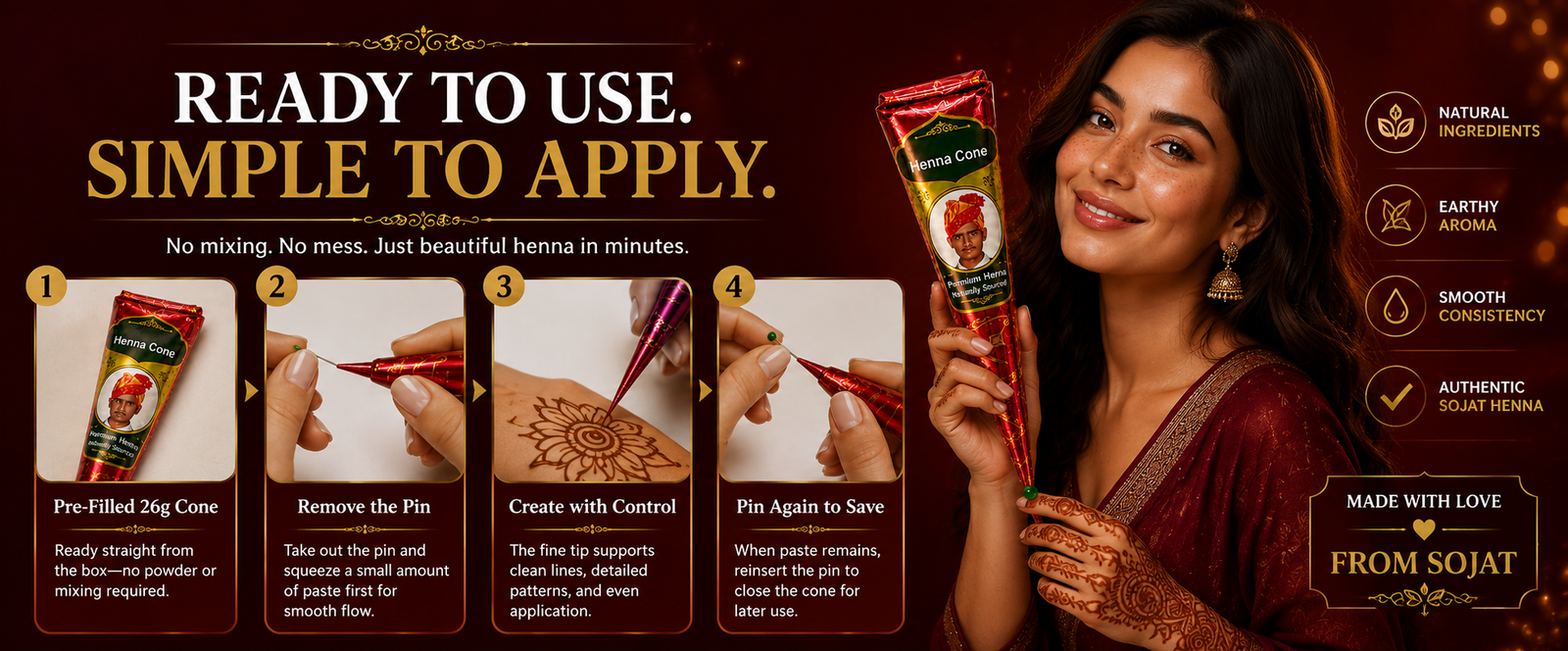 SS Ready-to-Use Mehndi Henna Cones, Pack of 3 brand banner